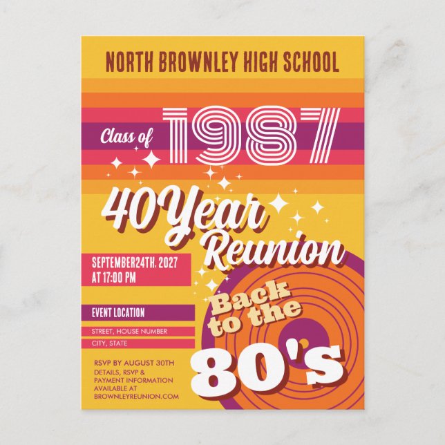 Retro pop school class reunion invitation postcard (Front)