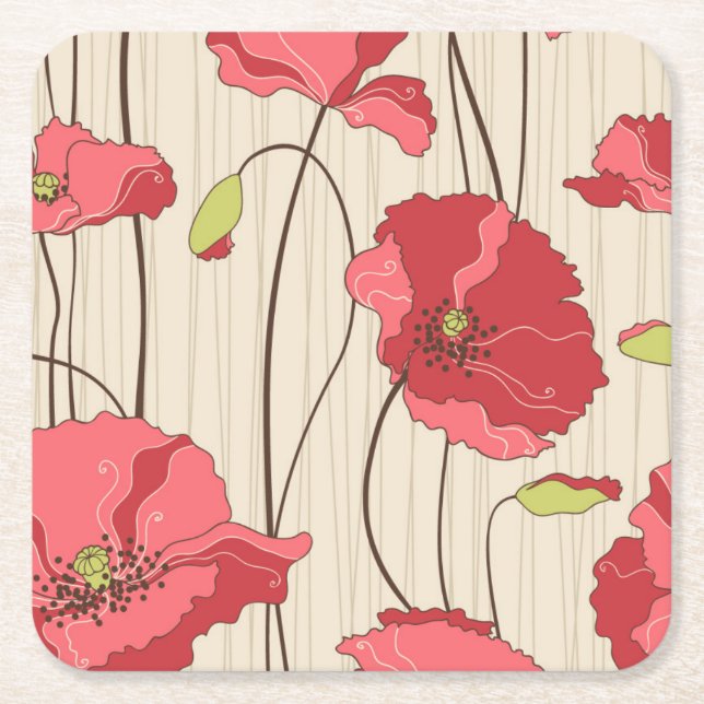 Retro Poppies Pattern Square Paper Coaster (Front)