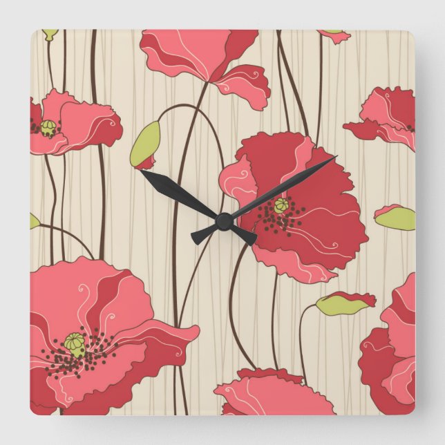 Retro Poppies Pattern Square Wall Clock (Front)