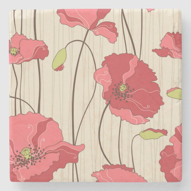 Retro Poppies Pattern Stone Coaster (Front)