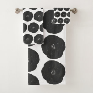 Retro Poppy Floral Art Pattern in Black and White Bath Towel Set