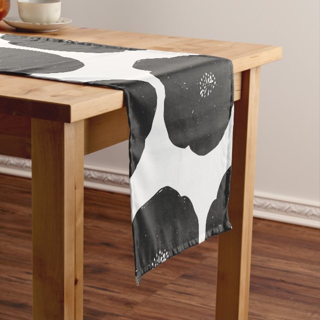 Retro Poppy Floral Art Pattern in Black and White Short Table Runner (In Situ)