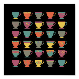 Retro porcelain tea cups, colourful coffee mugs po poster