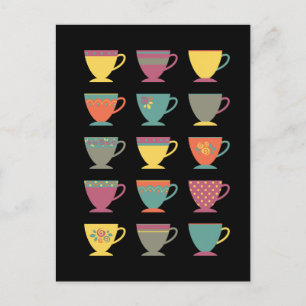 Retro porcelain tea cups, colourful coffee mugs postcard