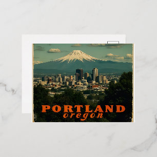 Retro Portland Oregon Skyline Vintage Travel  Foil Holiday Postcard