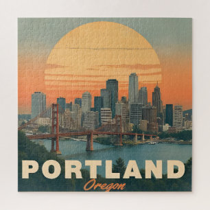 Retro Portland Oregon Skyline Vintage Travel  Jigsaw Puzzle