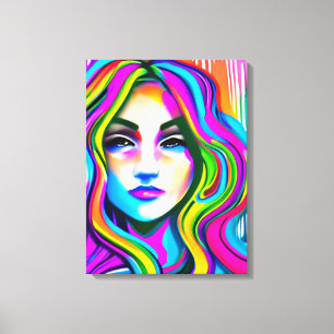 Retro Portrait of a Woman with Rainbow Hair Canvas Print