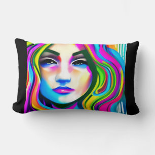 Retro Portrait of a Woman with Rainbow Hair Lumbar Pillow