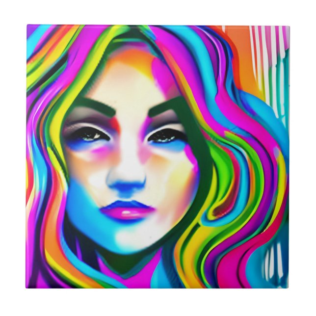 Retro Portrait of a Woman with Rainbow Hair Tile (Front)