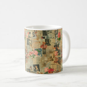 Retro Portrait Orchid Newspaper Botanical Collage Coffee Mug