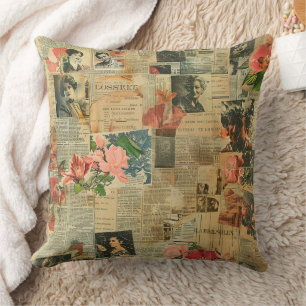 Retro Portrait Orchid Newspaper Botanical Collage Throw Pillow