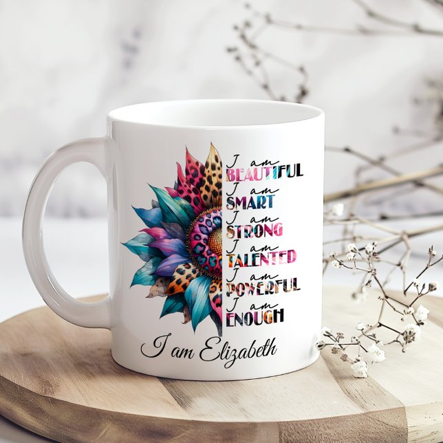 Retro Positivity "I am Beautiful, Smart, Strong"  Coffee Mug (Retro Positivity "I am Beautiful, Smart, Strong" Coffee Mug on a boho wooden kitchen table)
