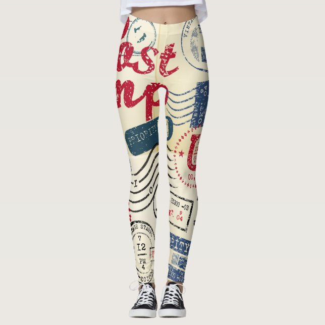 Retro post stamps, vintage collection. leggings (Front)