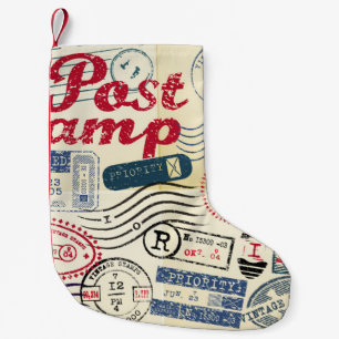 Retro post stamps, vintage collection. small christmas stocking