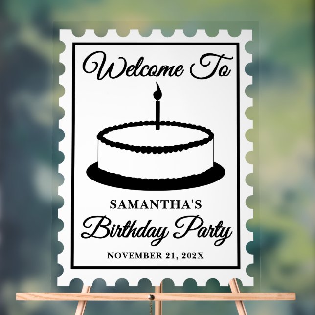 Retro Postage Stamp Birthday Party Welcome Acrylic Sign (Neutral)