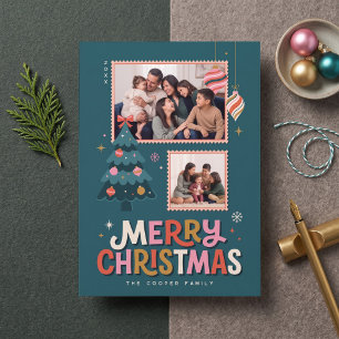 Retro Postage Stamp Frame Merry Christmas Collage Holiday Card