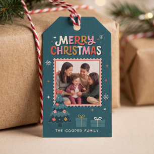 Retro Postage Stamp Merry Christmas Photo Gift Tags