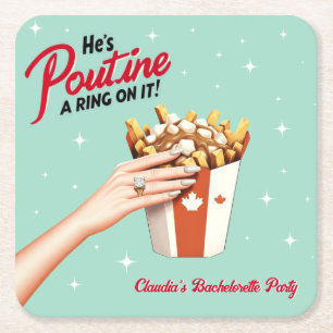 Retro Poutine a Ring on It! Montreal Bachelorette  Square Paper Coaster