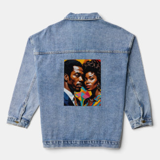 Retro Power Couple Vibrant Afrocentric Art Tee Denim Jacket