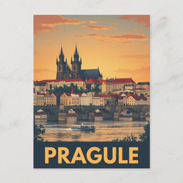 Retro Prague Skyline Postcard (Front)