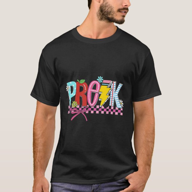 Retro Pre K Teacher Lightning Bolt Pencil Back To  T-Shirt (Front)
