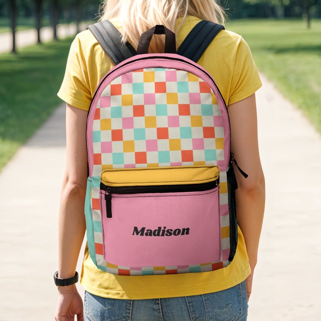 Retro Preppy Colourful Chequered Colorblock Printed Backpack (Creator Uploaded)