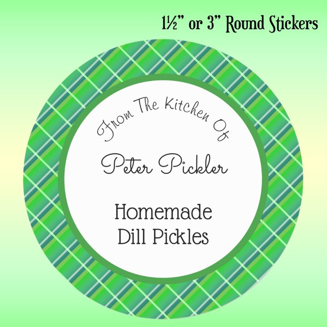 Retro Preppy Green Plaid Custom Canning or Baking Classic Round Sticker (Creator Uploaded)
