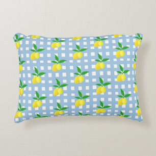 Retro Preppy Style Yellow Lemons Blue White Check Accent Pillow