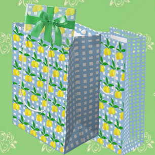 Retro Preppy Style Yellow Lemons Blue White Check Medium Gift Bag
