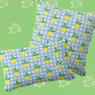Retro Preppy Style Yellow Lemons Blue White Check Throw Pillow