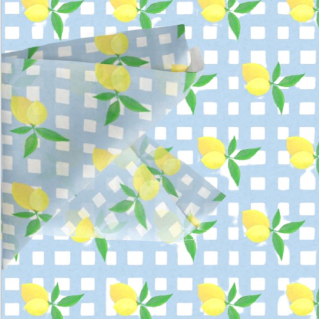 Retro Preppy Style Yellow Lemons Blue White Check Tissue Paper (Sunny lemony tissue paper, for gift wrapping, or découpage!)