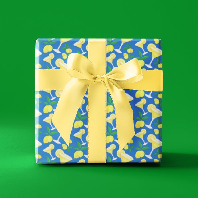 Retro Preppy Yellow Lemons Lemon Drops on Blue Wrapping Paper (For the lemon drop lover in your life!)