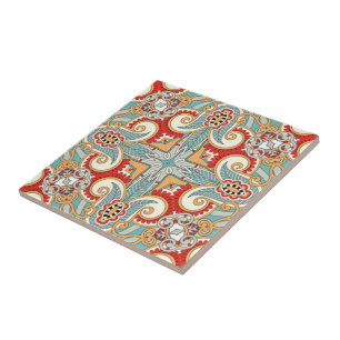 Retro Pretty Chic Red Teal Floral Mosaic Pattern Tile