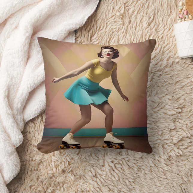 Retro Pretty Lady Roller Skating Backwards, Throw Pillow (Blanket)
