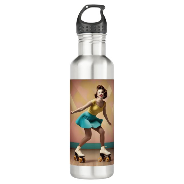 Retro Pretty Lady Roller Skating Lets Roll,  710 Ml Water Bottle (Front)