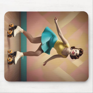 Retro Pretty Lady Roller Skating Lets Roll,  Mouse Pad