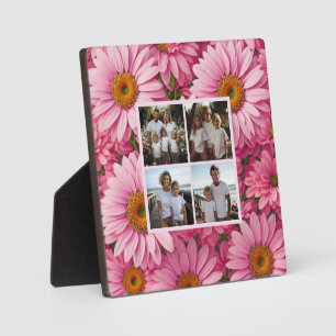 Retro pretty pink floral personalize 4 photo plaque