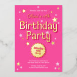 Retro Pretty Pink Stars Birthday Party<br><div class="desc">This retro inspired birthday party invitation features a bright pink background with pink / raised foil stars and retro inspired typography. The back has the same bright pink colour with a white diagonal stripe pattern. The look is feminine and fun!</div>