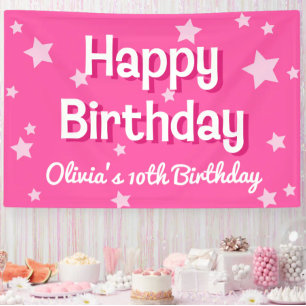 Retro Pretty Pink Stars Happy Birthday  Banner