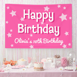 Retro Pretty Pink Stars Happy Birthday  Banner