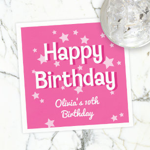 Retro Pretty Pink Stars Happy Birthday Napkin