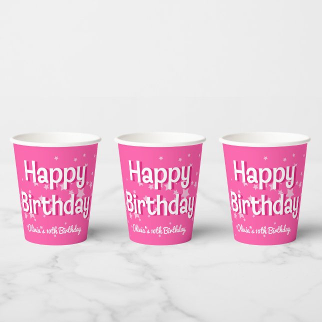 Retro Pretty Pink Stars Happy Birthday  Paper Cups (Multi)