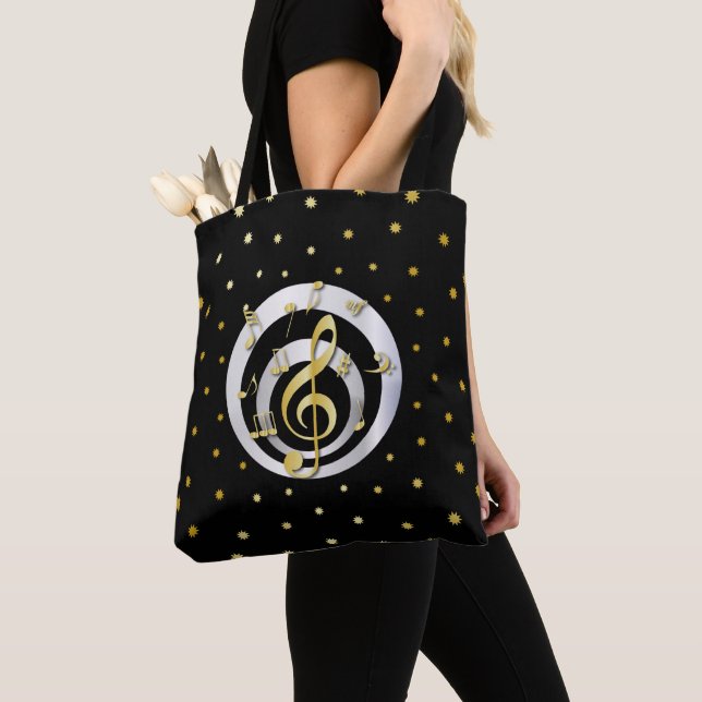 Retro Printed Gold and Silver effect Musical Notes Tote Bag (Close Up)