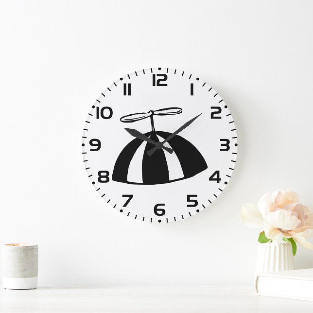 Retro Propeller Beanie Whimsical Black and White  Large Clock (Creator Uploaded)