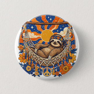 Retro Psych-Pop Sloth in Hammock 2 Inch Round Button