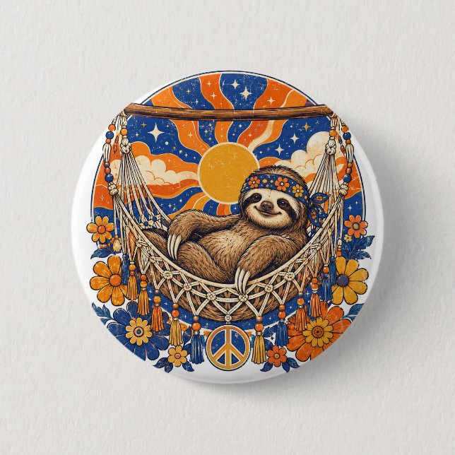 Retro Psych-Pop Sloth in Hammock 2 Inch Round Button (Front)