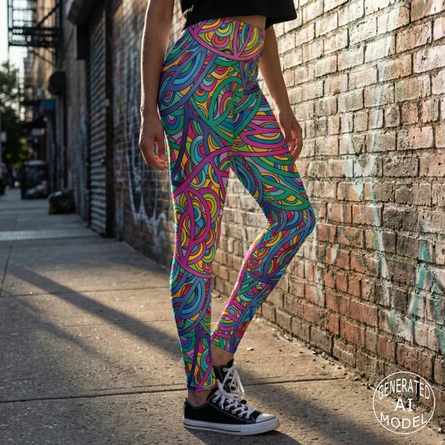 Retro Psychedelic Abstract Neon Doodle Pattern Leggings (Creator Uploaded)