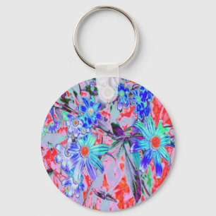 Retro Psychedelic Aqua Green and Orange Flowers Keychain