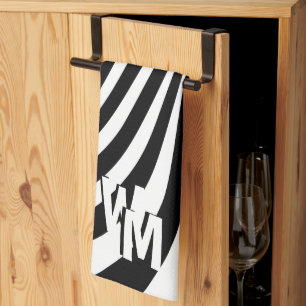 Retro Psychedelic Black White Pattern Initials  Kitchen Towel