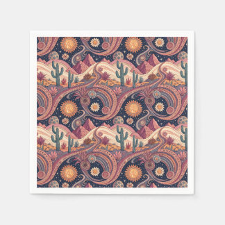 Retro Psychedelic Desert Cactus Sunset Painting Napkin
